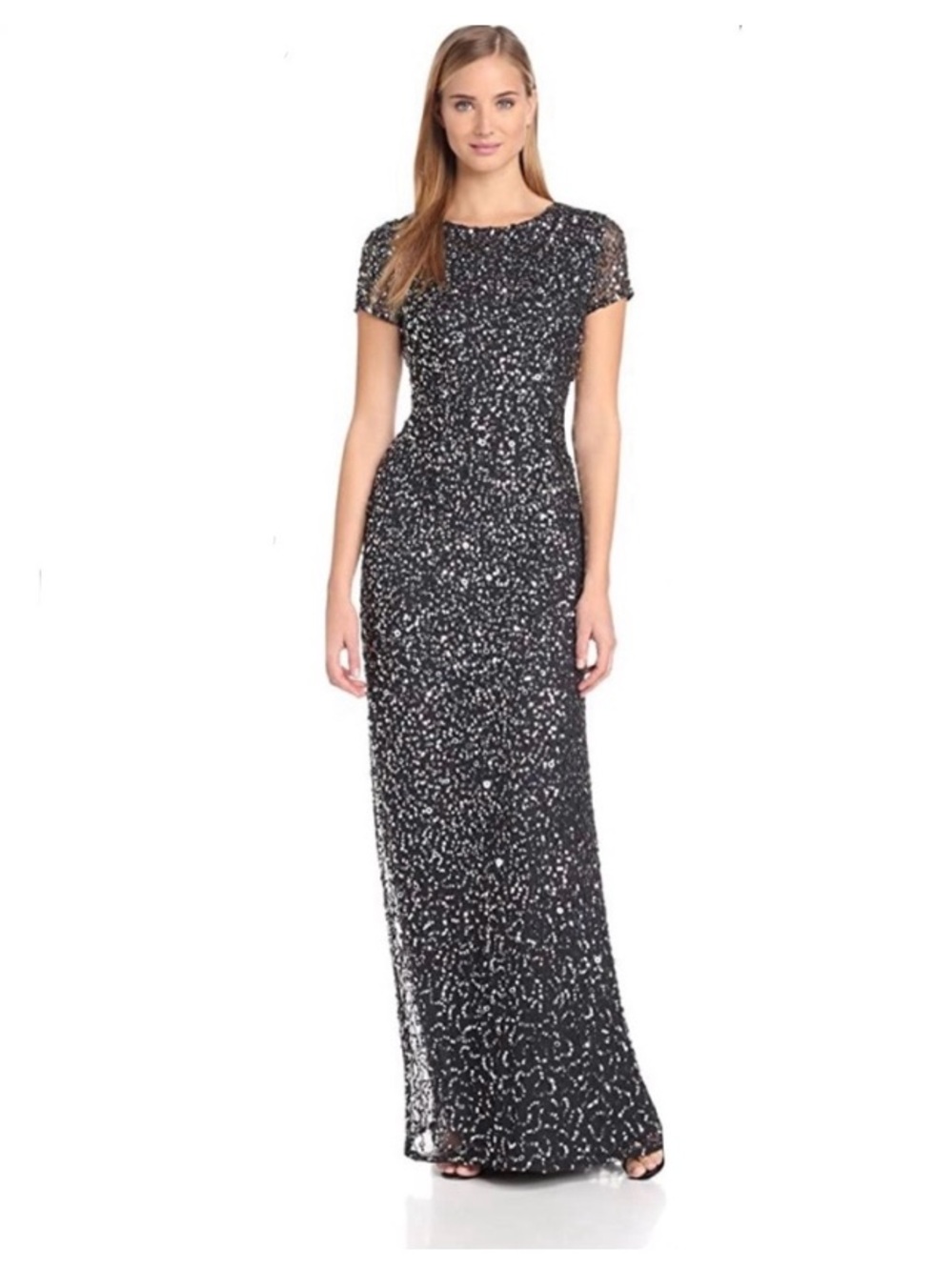 Adrianna Papell Sequin Maxi Dress Gown Black Silver size 10